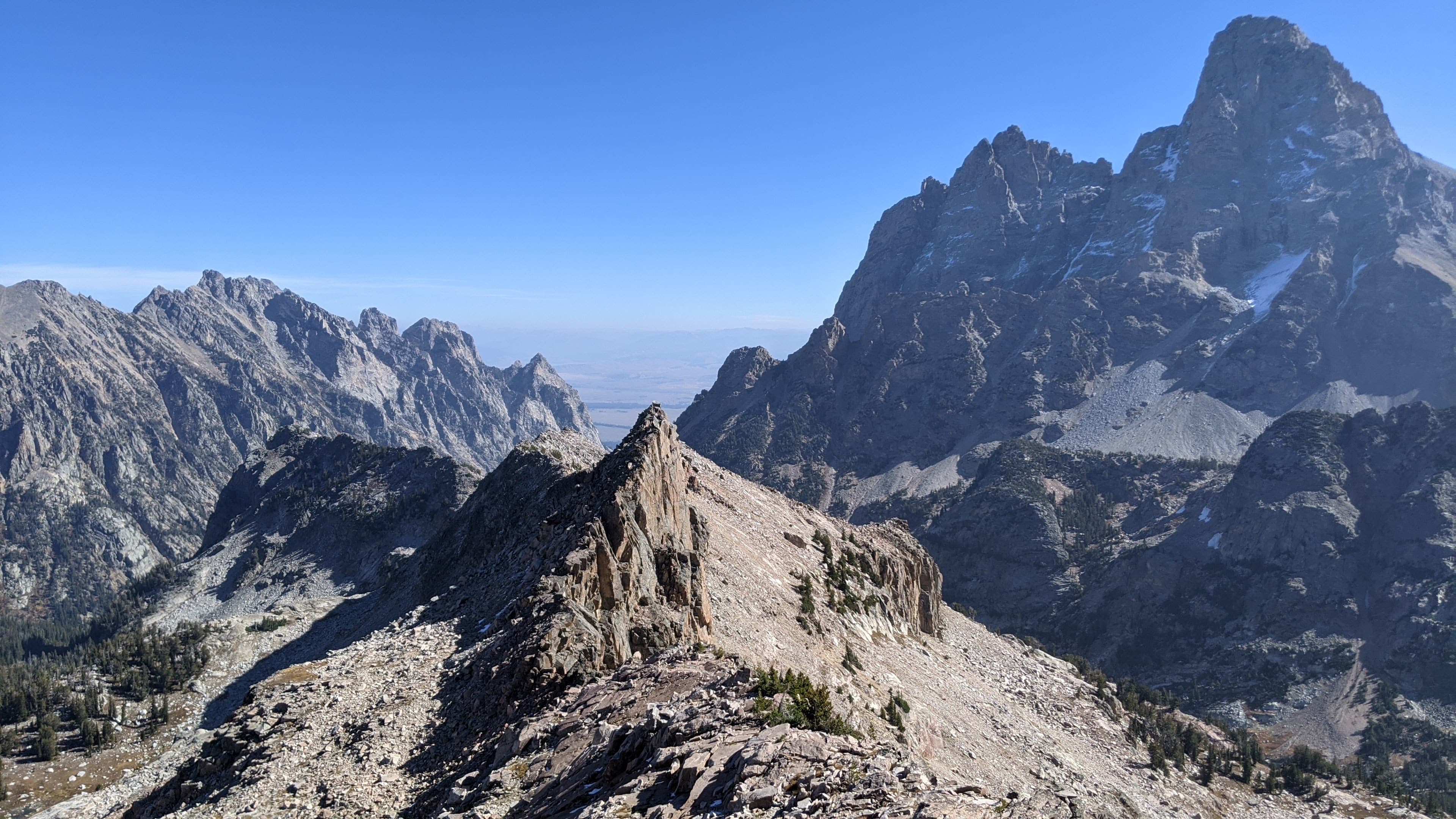 Epic views of The Grand and Teewinot from the descent ridgeline